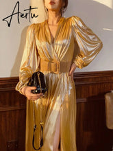 Spring New Women French Loose Midi Dress With Belt Elegant Long Sleeve A-line Lady Clothes Autumn Female Birthday Party Robe Aiertu