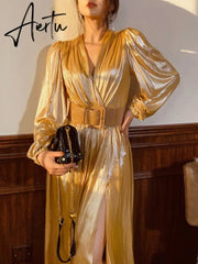 Spring New Women French Loose Midi Dress With Belt Elegant Long Sleeve A-line Lady Clothes Autumn Female Birthday Party Robe Aiertu