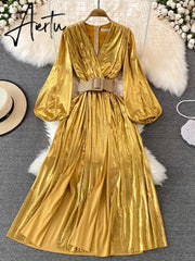 Spring New Women French Loose Midi Dress With Belt Elegant Long Sleeve A-line Lady Clothes Autumn Female Birthday Party Robe Aiertu