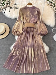 Spring New Women French Loose Midi Dress With Belt Elegant Long Sleeve A-line Lady Clothes Autumn Female Birthday Party Robe Aiertu