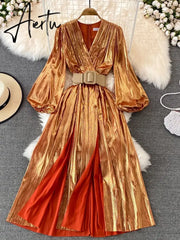 Spring New Women French Loose Midi Dress With Belt Elegant Long Sleeve A-line Lady Clothes Autumn Female Birthday Party Robe Aiertu