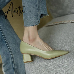 Spring New Women's Pumps Genuine Leather Square Toe Chunky Heel Fashion All-match Casual Women's Shoes Green/Apricot Aiertu