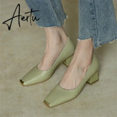 Spring New Women's Pumps Genuine Leather Square Toe Chunky Heel Fashion All-match Casual Women's Shoes Green/Apricot Aiertu