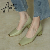 Spring New Women's Pumps Genuine Leather Square Toe Chunky Heel Fashion All-match Casual Women's Shoes Green/Apricot Aiertu