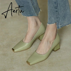 Spring New Women's Pumps Genuine Leather Square Toe Chunky Heel Fashion All-match Casual Women's Shoes Green/Apricot Aiertu