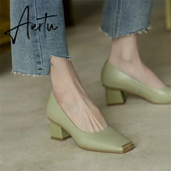 Spring New Women's Pumps Genuine Leather Square Toe Chunky Heel Fashion All-match Casual Women's Shoes Green/Apricot Aiertu