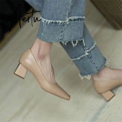Spring New Women's Pumps Genuine Leather Square Toe Chunky Heel Fashion All-match Casual Women's Shoes Green/Apricot Aiertu