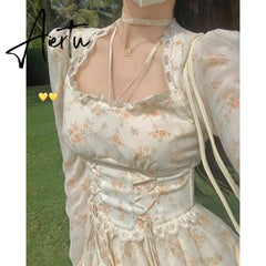 Spring Puff-sleeved Floral Dress Women's Summer Dress Slim Square Collar A Line Halterneck Midi Fairy Dress Femme Robe Bestidos Fairy Dress Aiertu