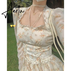 Spring Puff-sleeved Floral Dress Women's Summer Dress Slim Square Collar A Line Halterneck Midi Fairy Dress Femme Robe Bestidos Fairy Dress Aiertu