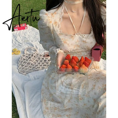 Spring Puff-sleeved Floral Dress Women's Summer Dress Slim Square Collar A Line Halterneck Midi Fairy Dress Femme Robe Bestidos Fairy Dress Aiertu