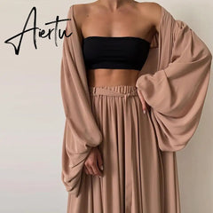 Spring Soft Women Three Piece Set Fashion Wrap Cardigan Tops And High Waist Pants Suit Female Casual Simple Tracksuits Homewear Aiertu