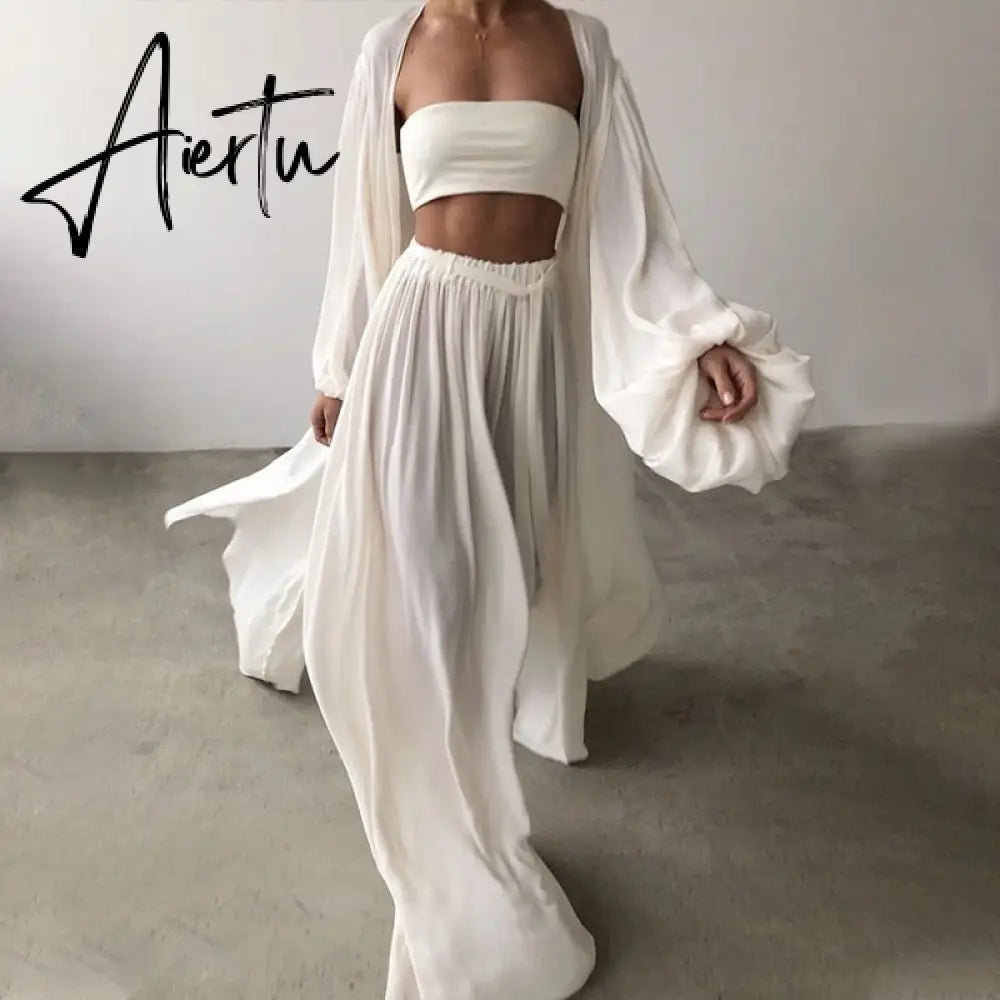 Spring Soft Women Three Piece Set Fashion Wrap Cardigan Tops And High Waist Pants Suit Female Casual Simple Tracksuits Homewear Aiertu