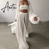 Spring Soft Women Three Piece Set Fashion Wrap Cardigan Tops And High Waist Pants Suit Female Casual Simple Tracksuits Homewear Aiertu