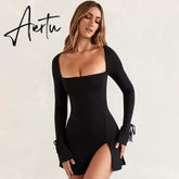 Spring Square Neck Flare Long Sleeve Dress Sexy Split Nightclub Party Dress Women's High Waist Slim Lace-up Mini Dress for Women Aiertu