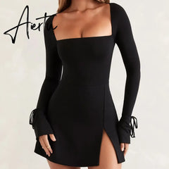 Spring Square Neck Flare Long Sleeve Dress Sexy Split Nightclub Party Dress Women's High Waist Slim Lace-up Mini Dress for Women Aiertu