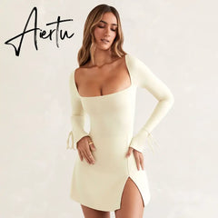 Spring Square Neck Flare Long Sleeve Dress Sexy Split Nightclub Party Dress Women's High Waist Slim Lace-up Mini Dress for Women Aiertu