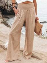 Spring Summer Cotton Linen Women Pants Pockets Solid Casual White Wide Leg Office Lady White Long Trousers Khaki Aiertu