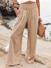 Spring Summer Cotton Linen Women Pants Pockets Solid Casual White Wide Leg Office Lady White Long Trousers Khaki Aiertu