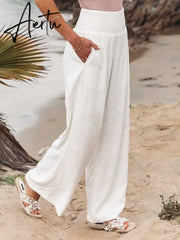 Spring Summer Cotton Linen Women Pants Pockets Solid Casual White Wide Leg Office Lady White Long Trousers Khaki Aiertu