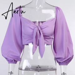 Spring Summer Crop Top Women Tees Tops Sexy Club Slash Neck T-Shirts Streetwear Solid Button Long Sleeve Slim T Shirt Women Aiertu