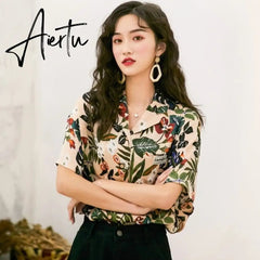 Spring Summer Vintage Print Female Blouse Autumn Fashion Loose Long Sleeve Shirts V Neck Women Tops Aiertu