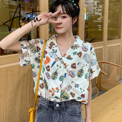Spring Summer Vintage Print Female Blouse Autumn Fashion Loose Long Sleeve Shirts V Neck Women Tops Aiertu