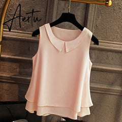 spring Summer Women Chiffon Blouses Shirt Women tops Sexy Blouses Beach holiday sleeveless round neck Shirt Blouse Aiertu