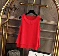 spring Summer Women Chiffon Blouses Shirt Women tops Sexy Blouses Beach holiday sleeveless round neck Shirt Blouse Aiertu