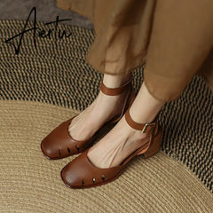 Spring/Summer Women Shoes Cow Leather Shoes Women Covered Toe Chunky Heel Sandals High Heels Shoes for Women Women Sandals Aiertu
