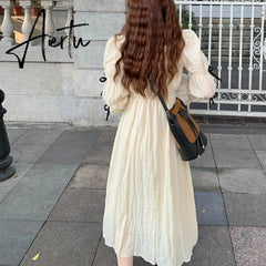 Spring Women Chic Puff Sleeve Cute Solid Fairy Dress Elegant High Waist Princess Summer A-Line Long Dress Femme Robe Holiday Aiertu