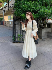 Spring Women Chic Puff Sleeve Cute Solid Fairy Dress Elegant High Waist Princess Summer A-Line Long Dress Femme Robe Holiday Aiertu