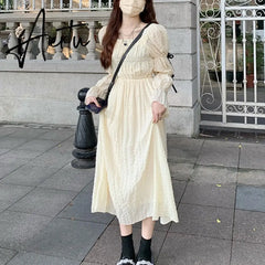 Spring Women Chic Puff Sleeve Cute Solid Fairy Dress Elegant High Waist Princess Summer A-Line Long Dress Femme Robe Holiday Aiertu