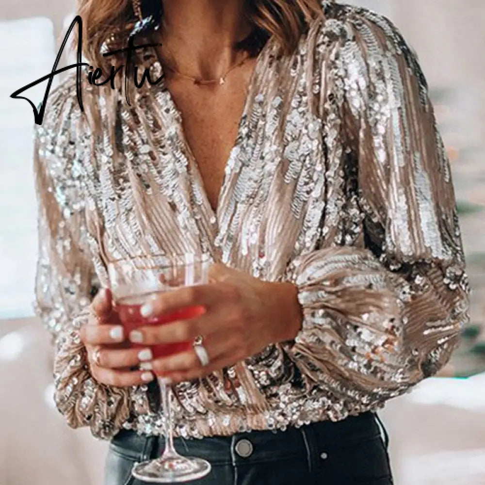 Spring Women Popular Sequins V Neck Blouse Office Lady Elegant Lantern Sleeve Shirt New Autumn Fashion Slim Tops Pullover Aiertu