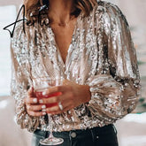 Spring Women Popular Sequins V Neck Blouse Office Lady Elegant Lantern Sleeve Shirt New Autumn Fashion Slim Tops Pullover Aiertu