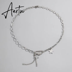 Stainless Steel Stars Chain Pendants Necklace for Women/Men Oval Rectangle Rhinestone Necklaces Korean Jewelry Aiertu