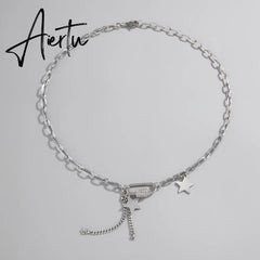 Stainless Steel Stars Chain Pendants Necklace for Women/Men Oval Rectangle Rhinestone Necklaces Korean Jewelry Aiertu