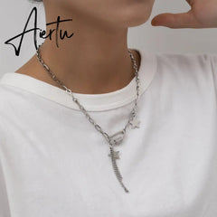 Stainless Steel Stars Chain Pendants Necklace for Women/Men Oval Rectangle Rhinestone Necklaces Korean Jewelry Aiertu