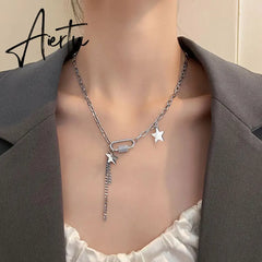 Stainless Steel Stars Chain Pendants Necklace for Women/Men Oval Rectangle Rhinestone Necklaces Korean Jewelry Aiertu