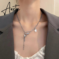 Stainless Steel Stars Chain Pendants Necklace for Women/Men Oval Rectangle Rhinestone Necklaces Korean Jewelry Aiertu