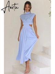 Stand Collar Waist Cut Out Women Summer Midi Dress Green Sleeveless A-line Holiday Beach Solid Vestidos Party New Robe Aiertu