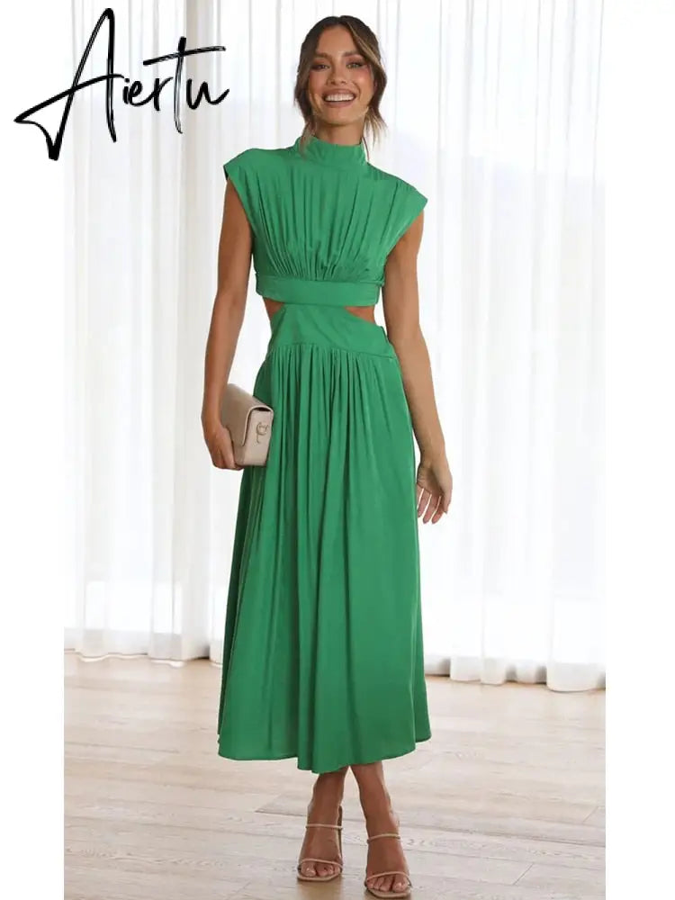 Stand Collar Waist Cut Out Women Summer Midi Dress Green Sleeveless A-line Holiday Beach Solid Vestidos Party New Robe Aiertu