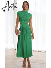 Stand Collar Waist Cut Out Women Summer Midi Dress Green Sleeveless A-line Holiday Beach Solid Vestidos Party New Robe Aiertu