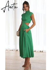 Stand Collar Waist Cut Out Women Summer Midi Dress Green Sleeveless A-line Holiday Beach Solid Vestidos Party New Robe Aiertu
