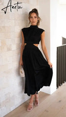Stand Collar Waist Cut Out Women Summer Midi Dress Green Sleeveless A-line Holiday Beach Solid Vestidos Party New Robe Aiertu