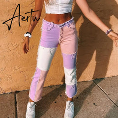 Stitching pants High waist color sweet light mature straight leg jeans summer women slim slim summer youth sunshine Aiertu