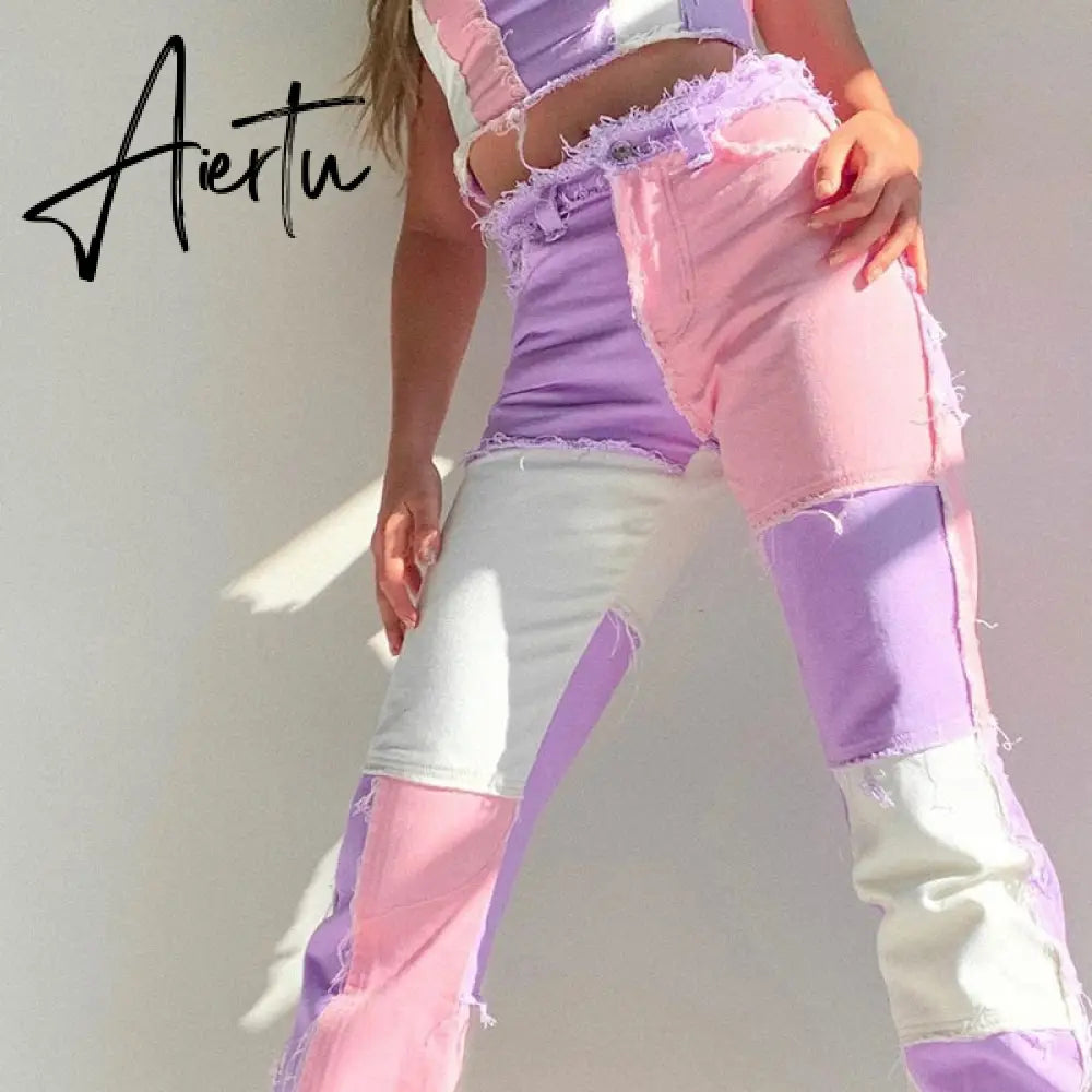 Stitching pants High waist color sweet light mature straight leg jeans summer women slim slim summer youth sunshine Aiertu
