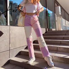 Stitching pants High waist color sweet light mature straight leg jeans summer women slim slim summer youth sunshine Aiertu