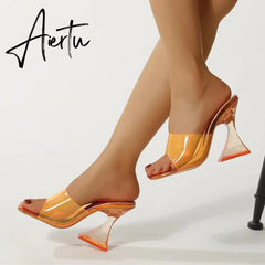 Strange Style Transparent Heels Slippers Ladies Fashion Female Mules Slides Summer Shoes Women Orange Green PVC Jelly Sandals Aiertu