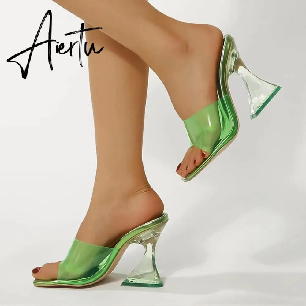 Strange Style Transparent Heels Slippers Ladies Fashion Female Mules Slides Summer Shoes Women Orange Green PVC Jelly Sandals Aiertu