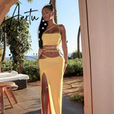 Strapless Crop Top and Long Dress Two Piece Set Yellow Women Summer Outfits Slit Party Club Vacation Beach Maxi Dress Aiertu